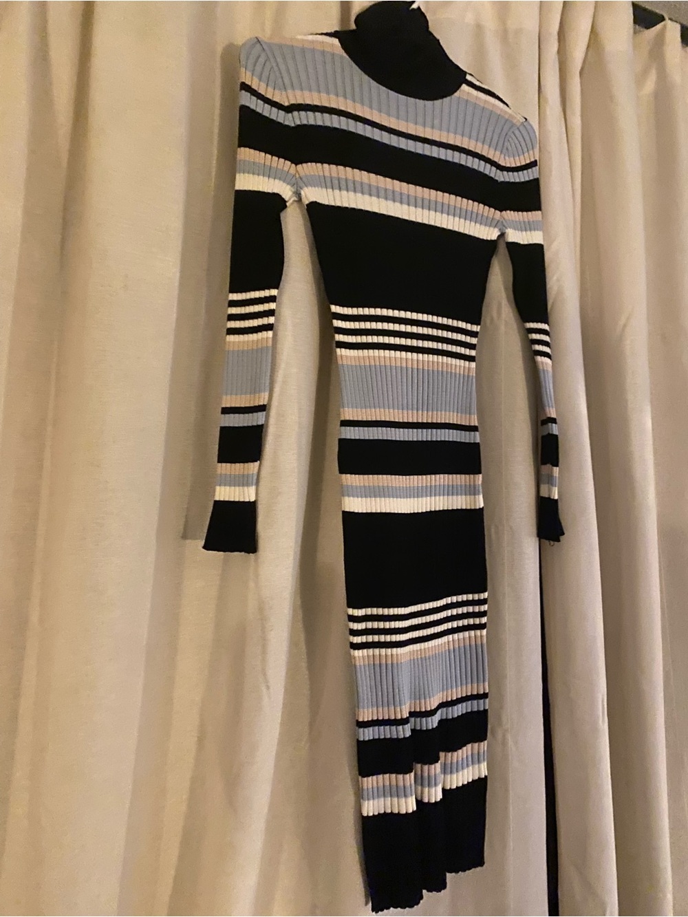 Almost Famous Ribbed Turtleneck Stripe Midi Dress in Black, Light Blue and Cream